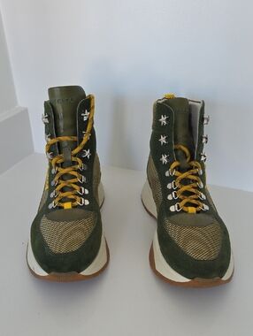 Jimmy Choo Olive Green Suede & Mesh High-Top Boots with Yellow Accents